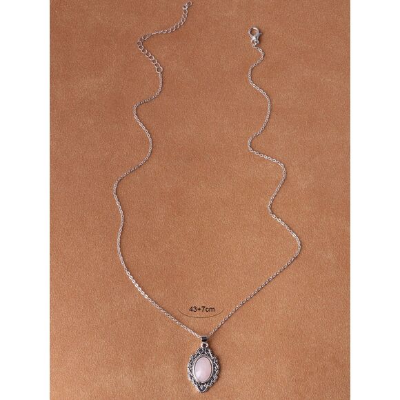 Silver Oval Pink Quartz Stone Pendant Necklace Filigree Vintage Style Adjstable - Picture 4 of 5